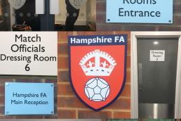 signage for Hampshire FA - metal and acrylic and etched glass signs